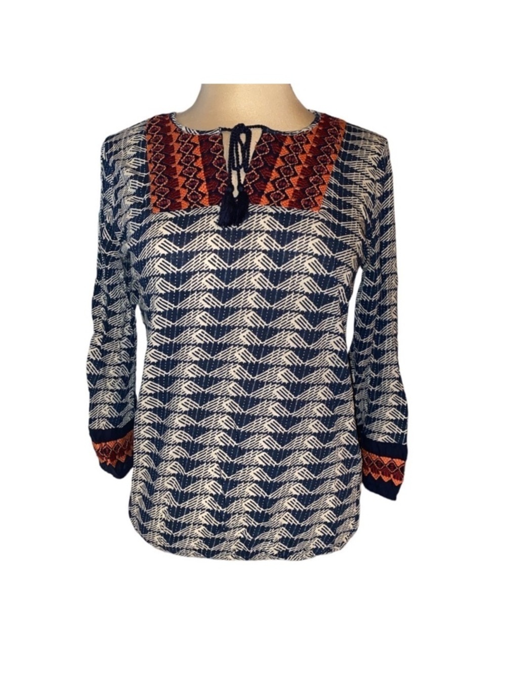 Lucky Brand Navy and Cream Patterned Peasant Top with Rust Yoke
